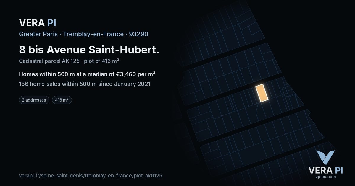 8 bis Avenue Saint-Hubert, Tremblay-en-France at night – the plot lit, the parcels around coloured by the prices near them