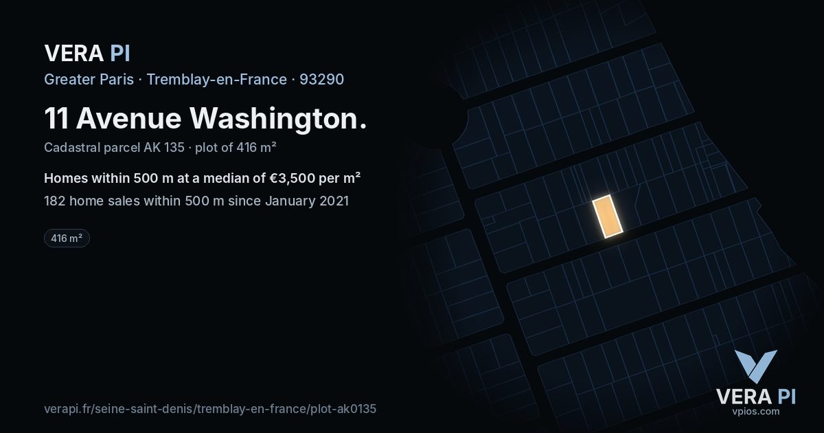 11 Avenue Washington, Tremblay-en-France at night – the plot lit, the parcels around coloured by the prices near them