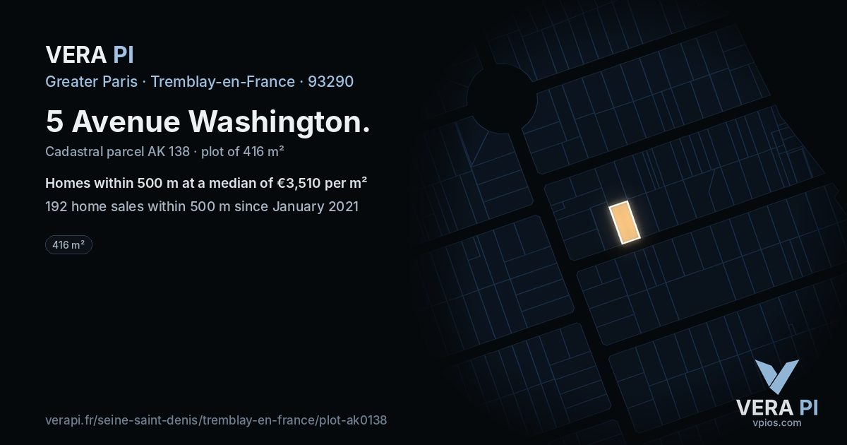 5 Avenue Washington, Tremblay-en-France at night – the plot lit, the parcels around coloured by the prices near them
