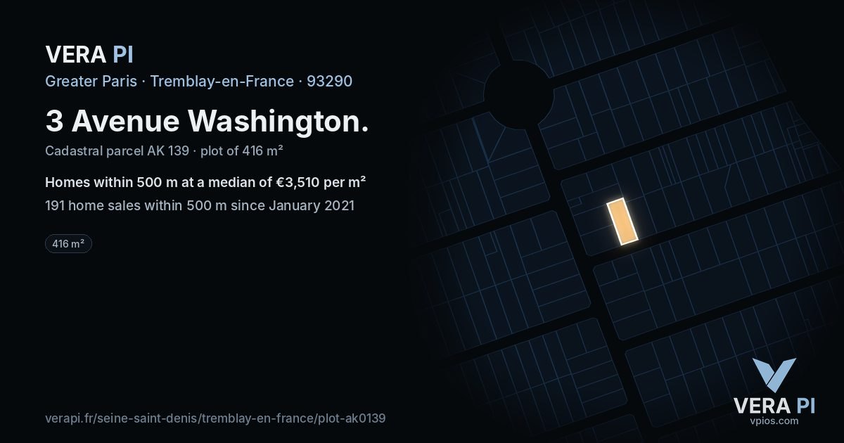 3 Avenue Washington, Tremblay-en-France at night – the plot lit, the parcels around coloured by the prices near them