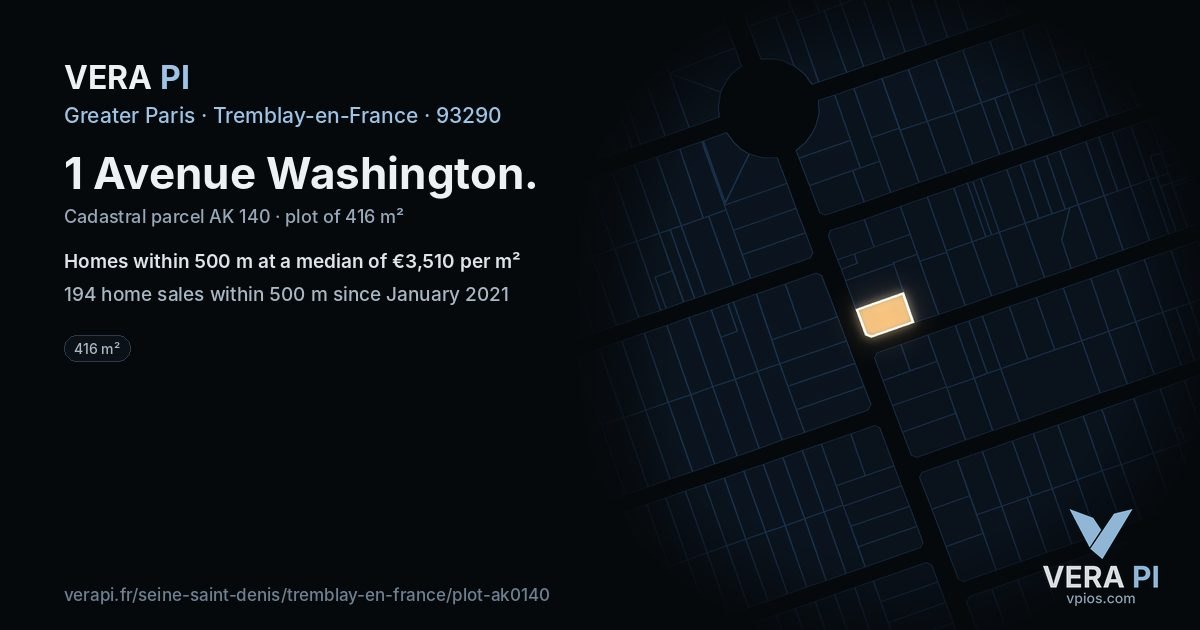 1 Avenue Washington, Tremblay-en-France at night – the plot lit, the parcels around coloured by the prices near them