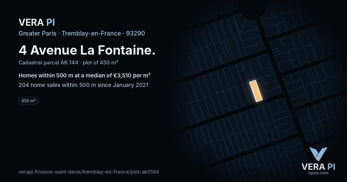 4 Avenue La Fontaine, Tremblay-en-France at night – the plot lit, the parcels around coloured by the prices near them