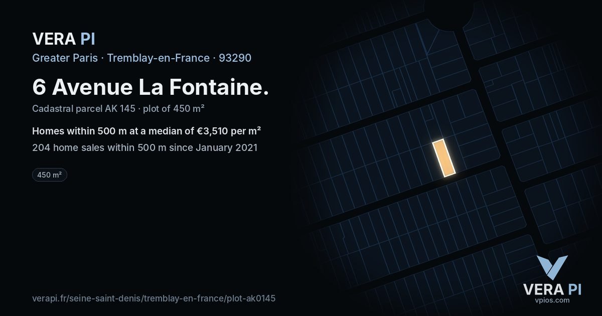 6 Avenue La Fontaine, Tremblay-en-France at night – the plot lit, the parcels around coloured by the prices near them