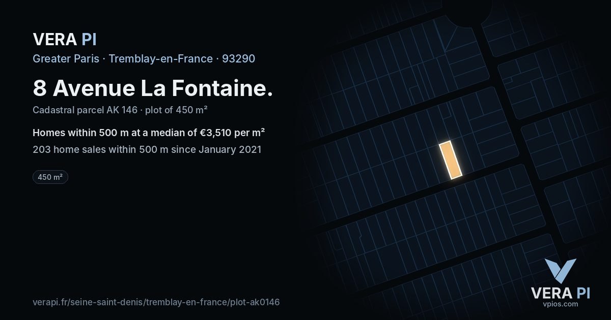 8 Avenue La Fontaine, Tremblay-en-France at night – the plot lit, the parcels around coloured by the prices near them