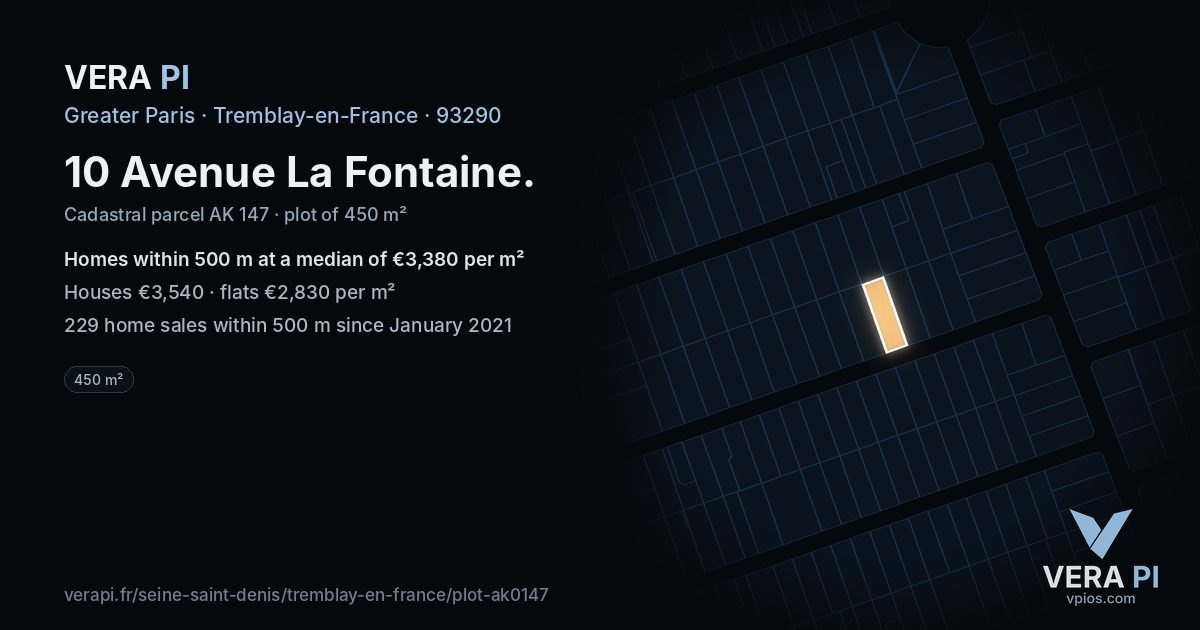 10 Avenue La Fontaine, Tremblay-en-France at night – the plot lit, the parcels around coloured by the prices near them