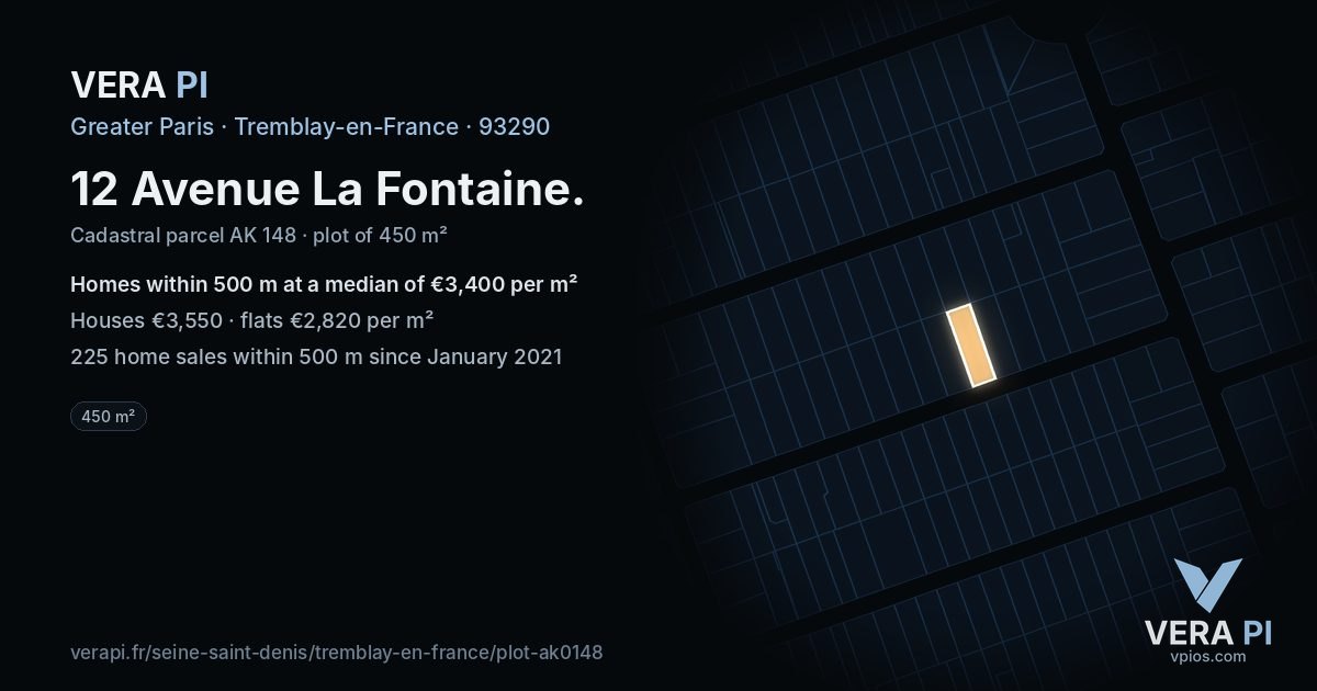 12 Avenue La Fontaine, Tremblay-en-France at night – the plot lit, the parcels around coloured by the prices near them