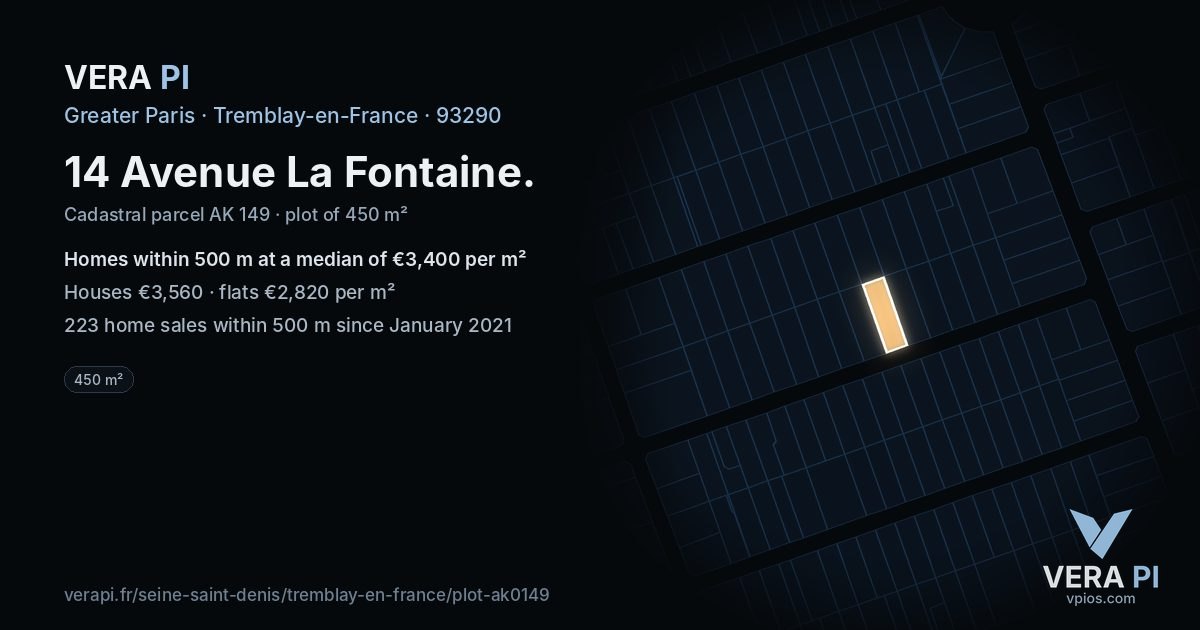 14 Avenue La Fontaine, Tremblay-en-France at night – the plot lit, the parcels around coloured by the prices near them