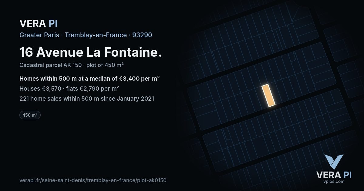 16 Avenue La Fontaine, Tremblay-en-France at night – the plot lit, the parcels around coloured by the prices near them