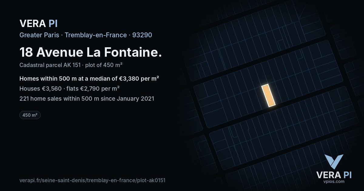 18 Avenue La Fontaine, Tremblay-en-France at night – the plot lit, the parcels around coloured by the prices near them