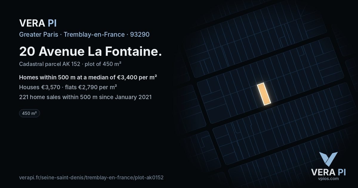 20 Avenue La Fontaine, Tremblay-en-France at night – the plot lit, the parcels around coloured by the prices near them
