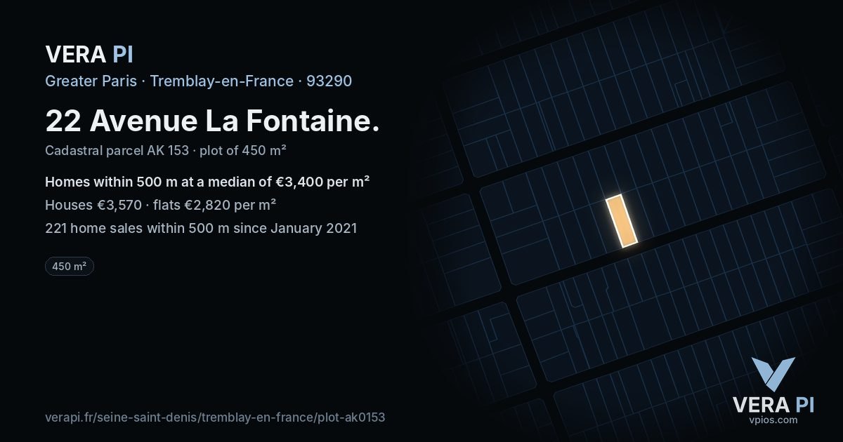22 Avenue La Fontaine, Tremblay-en-France at night – the plot lit, the parcels around coloured by the prices near them