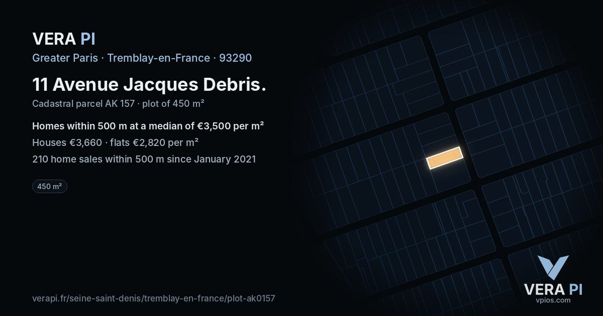11 Avenue Jacques Debris, Tremblay-en-France at night – the plot lit, the parcels around coloured by the prices near them