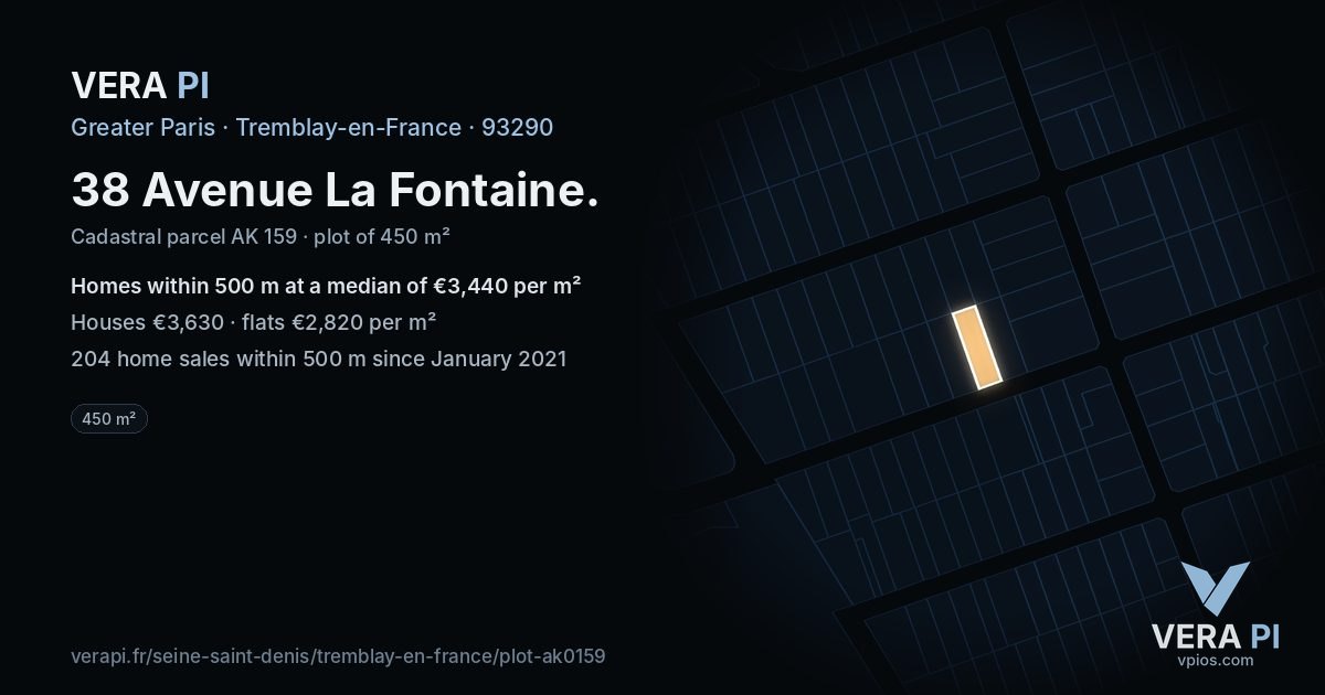 38 Avenue La Fontaine, Tremblay-en-France at night – the plot lit, the parcels around coloured by the prices near them