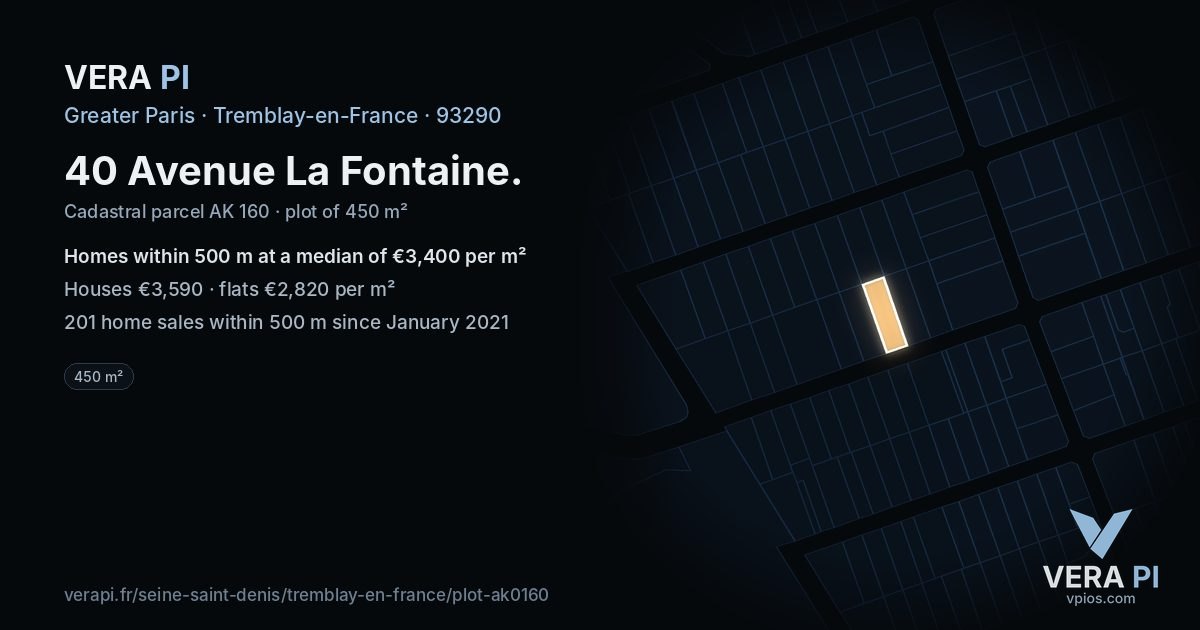 40 Avenue La Fontaine, Tremblay-en-France at night – the plot lit, the parcels around coloured by the prices near them