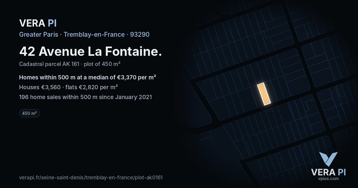42 Avenue La Fontaine, Tremblay-en-France at night – the plot lit, the parcels around coloured by the prices near them