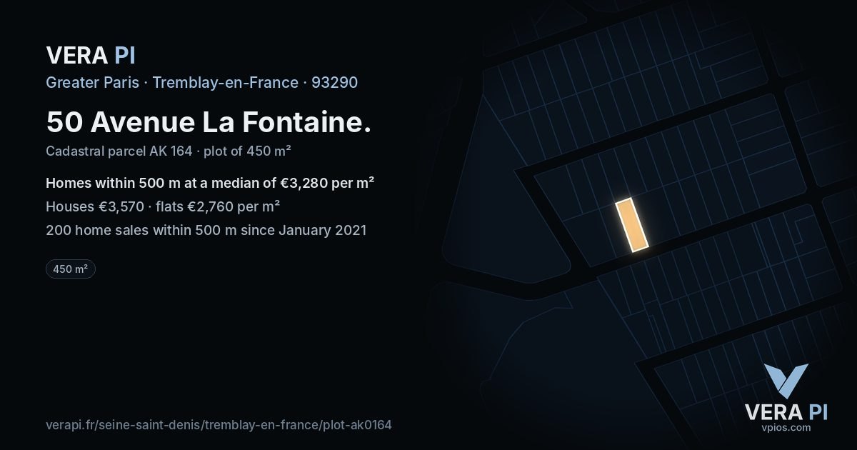 50 Avenue La Fontaine, Tremblay-en-France at night – the plot lit, the parcels around coloured by the prices near them