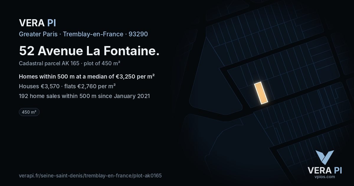 52 Avenue La Fontaine, Tremblay-en-France at night – the plot lit, the parcels around coloured by the prices near them