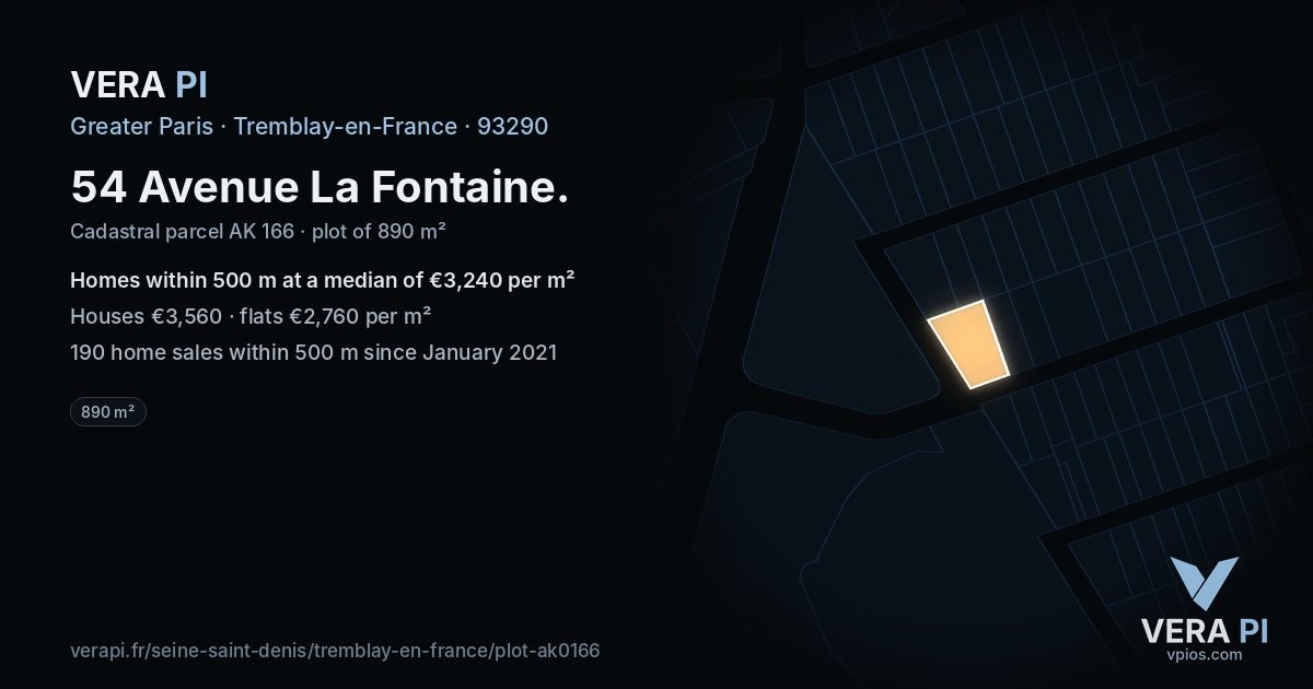 54 Avenue La Fontaine, Tremblay-en-France at night – the plot lit, the parcels around coloured by the prices near them
