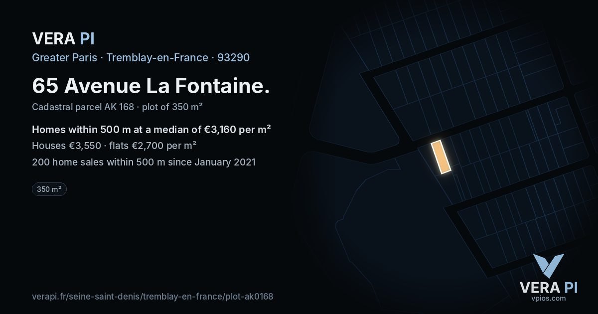 65 Avenue La Fontaine, Tremblay-en-France at night – the plot lit, the parcels around coloured by the prices near them