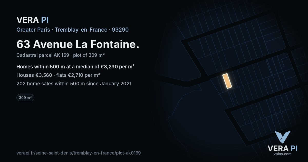 63 Avenue La Fontaine, Tremblay-en-France at night – the plot lit, the parcels around coloured by the prices near them