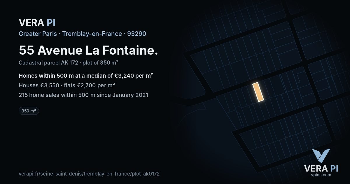 55 Avenue La Fontaine, Tremblay-en-France at night – the plot lit, the parcels around coloured by the prices near them