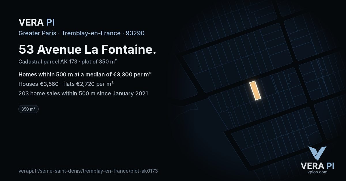 53 Avenue La Fontaine, Tremblay-en-France at night – the plot lit, the parcels around coloured by the prices near them