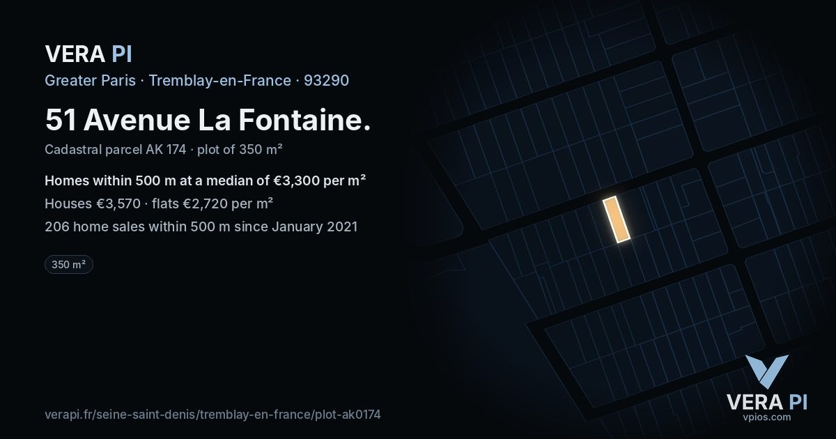 51 Avenue La Fontaine, Tremblay-en-France at night – the plot lit, the parcels around coloured by the prices near them