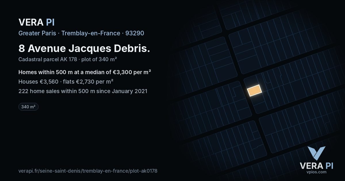 8 Avenue Jacques Debris, Tremblay-en-France at night – the plot lit, the parcels around coloured by the prices near them