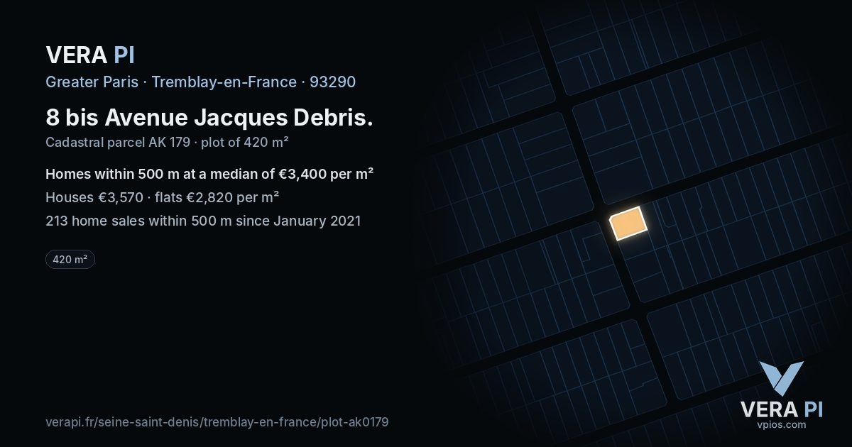 8 bis Avenue Jacques Debris, Tremblay-en-France at night – the plot lit, the parcels around coloured by the prices near them