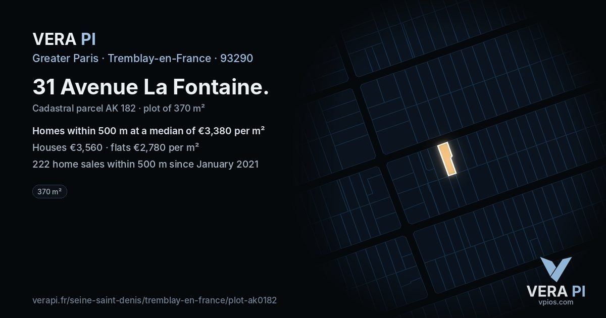 31 Avenue La Fontaine, Tremblay-en-France at night – the plot lit, the parcels around coloured by the prices near them