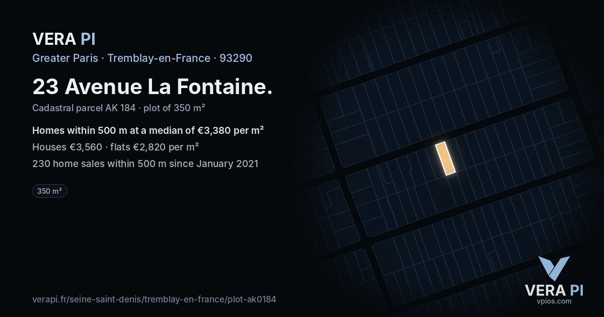 23 Avenue La Fontaine, Tremblay-en-France at night – the plot lit, the parcels around coloured by the prices near them
