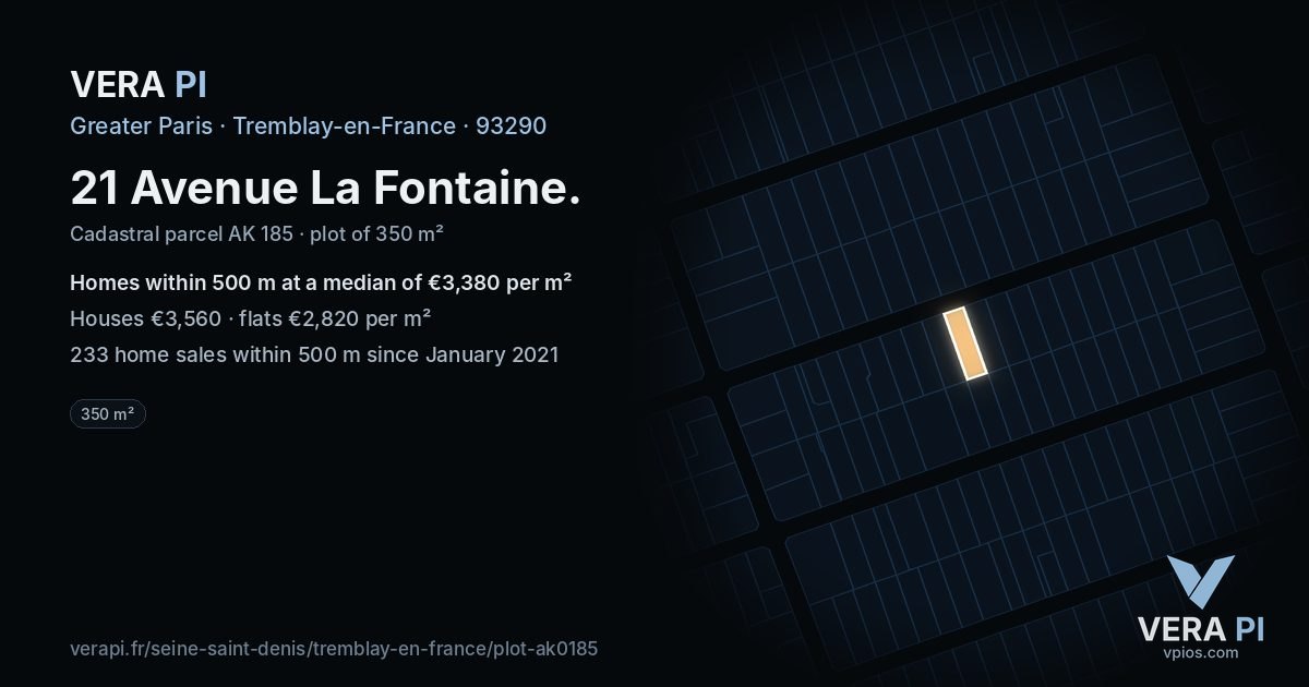 21 Avenue La Fontaine, Tremblay-en-France at night – the plot lit, the parcels around coloured by the prices near them