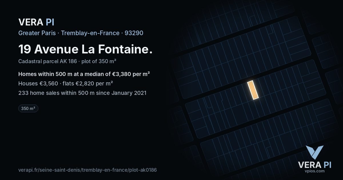 19 Avenue La Fontaine, Tremblay-en-France at night – the plot lit, the parcels around coloured by the prices near them