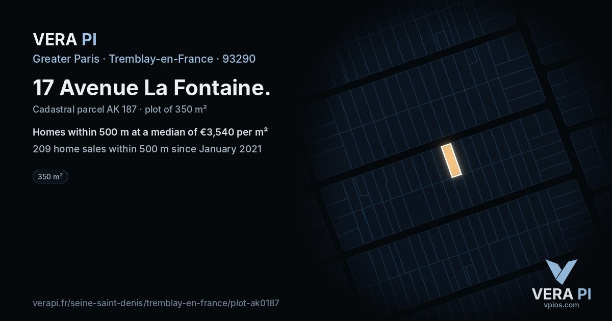 17 Avenue La Fontaine, Tremblay-en-France at night – the plot lit, the parcels around coloured by the prices near them