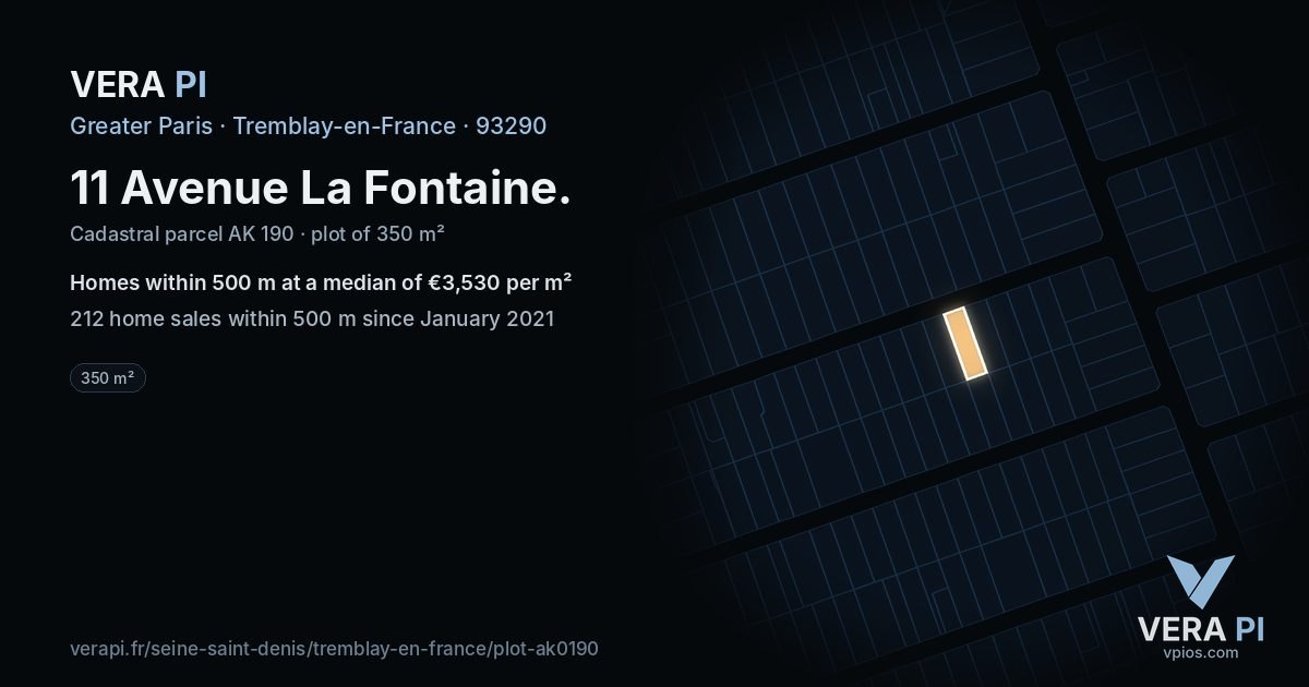 11 Avenue La Fontaine, Tremblay-en-France at night – the plot lit, the parcels around coloured by the prices near them