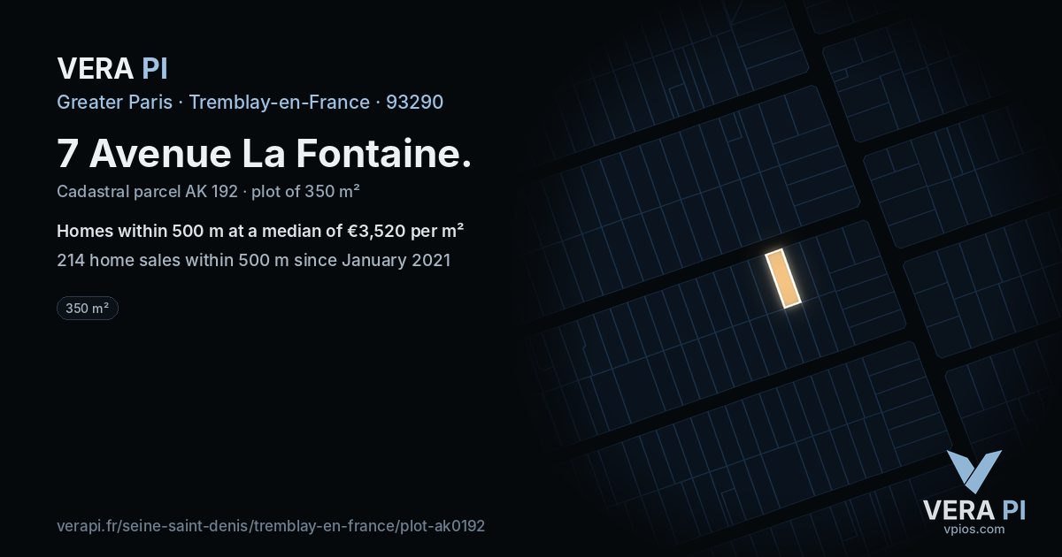 7 Avenue La Fontaine, Tremblay-en-France at night – the plot lit, the parcels around coloured by the prices near them
