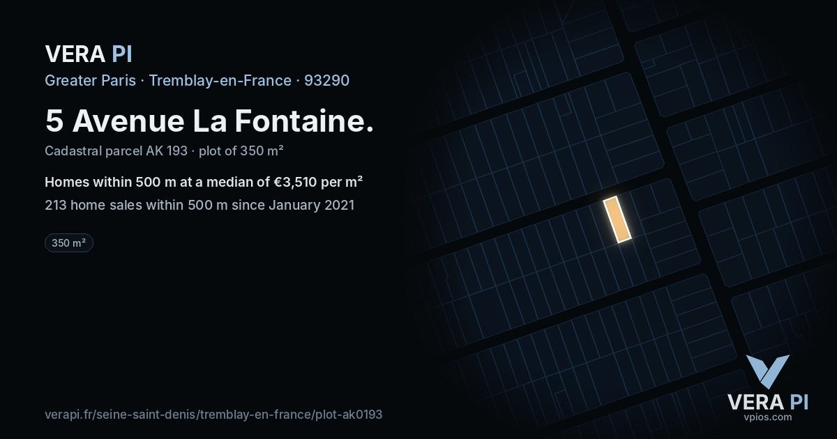 5 Avenue La Fontaine, Tremblay-en-France at night – the plot lit, the parcels around coloured by the prices near them