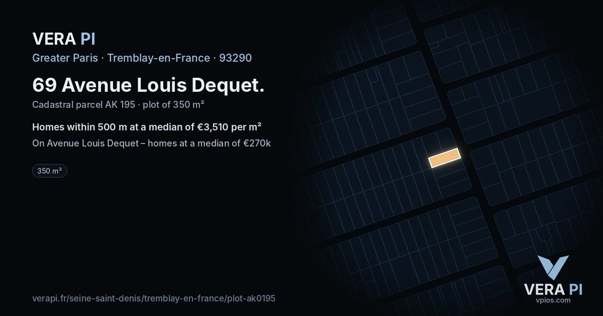 69 Avenue Louis Dequet, Tremblay-en-France at night – the plot lit, the parcels around coloured by the prices near them