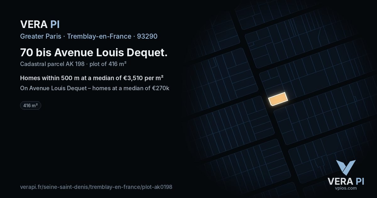 70 bis Avenue Louis Dequet, Tremblay-en-France at night – the plot lit, the parcels around coloured by the prices near them
