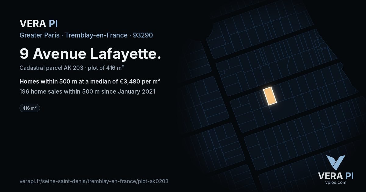 9 Avenue Lafayette, Tremblay-en-France at night – the plot lit, the parcels around coloured by the prices near them