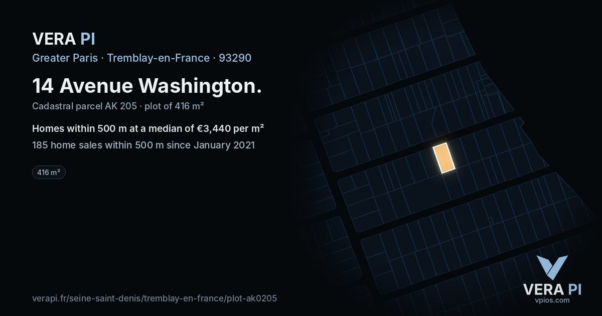 14 Avenue Washington, Tremblay-en-France at night – the plot lit, the parcels around coloured by the prices near them