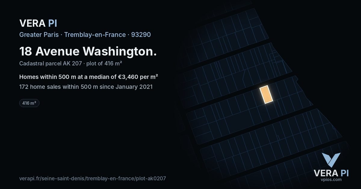 18 Avenue Washington, Tremblay-en-France at night – the plot lit, the parcels around coloured by the prices near them