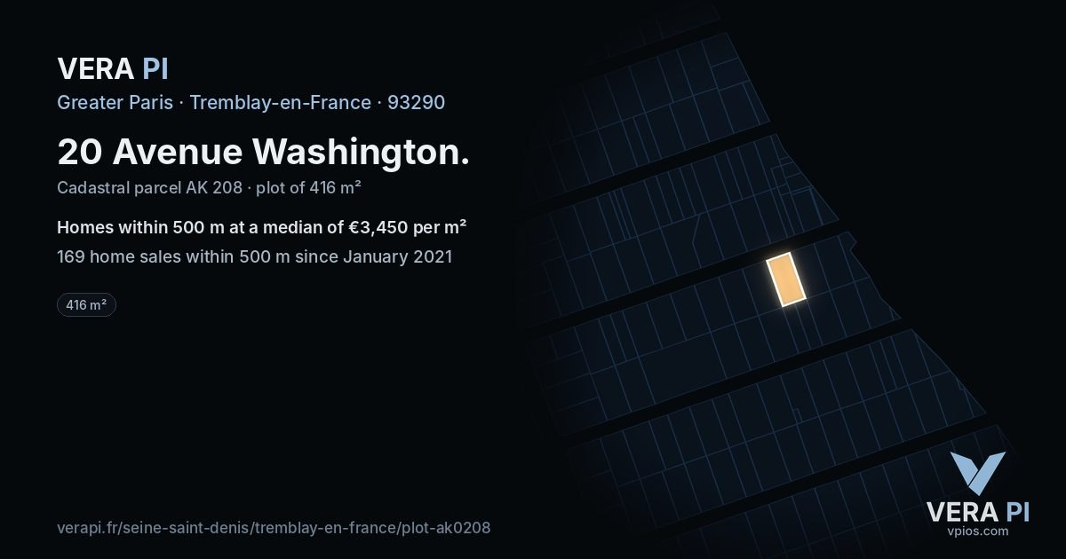 20 Avenue Washington, Tremblay-en-France at night – the plot lit, the parcels around coloured by the prices near them