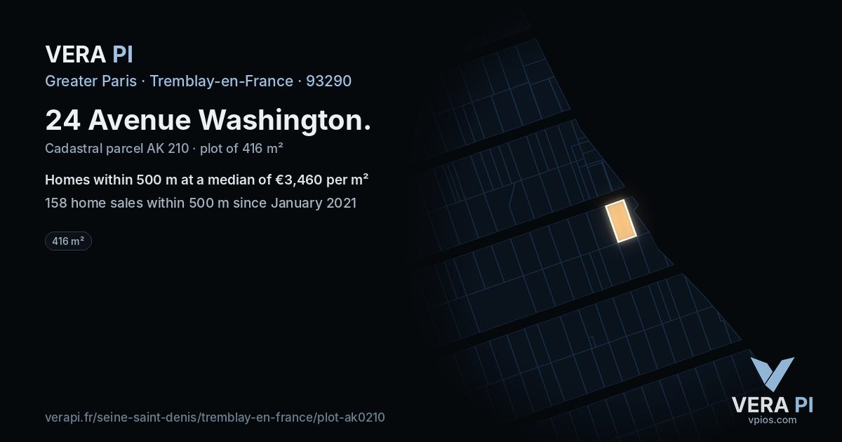 24 Avenue Washington, Tremblay-en-France at night – the plot lit, the parcels around coloured by the prices near them