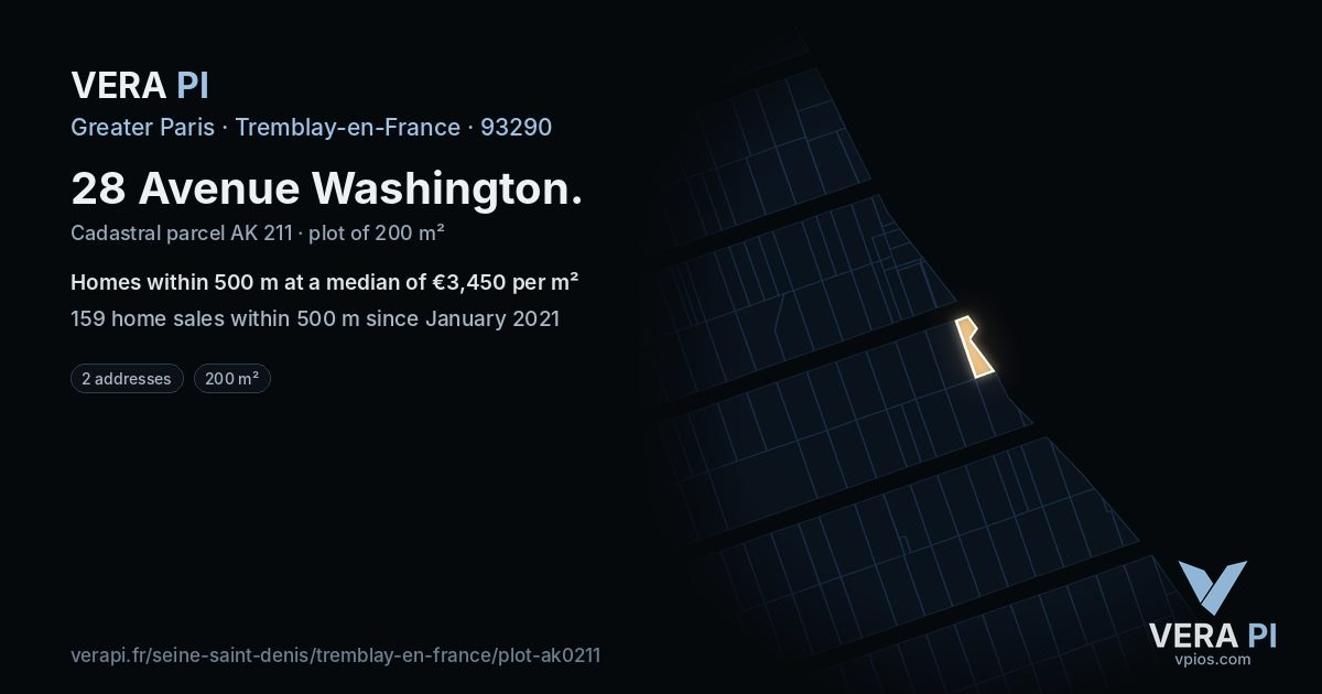 28 Avenue Washington, Tremblay-en-France at night – the plot lit, the parcels around coloured by the prices near them