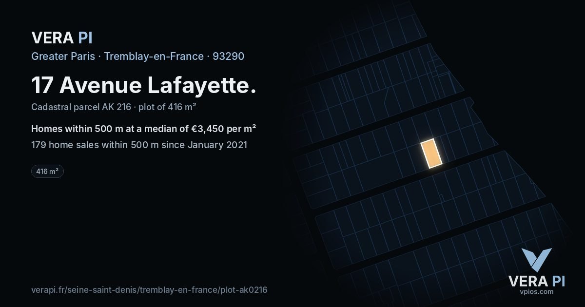 17 Avenue Lafayette, Tremblay-en-France at night – the plot lit, the parcels around coloured by the prices near them