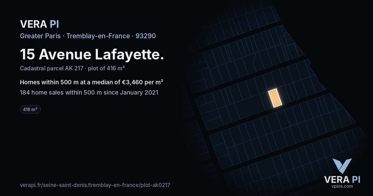15 Avenue Lafayette, Tremblay-en-France at night – the plot lit, the parcels around coloured by the prices near them