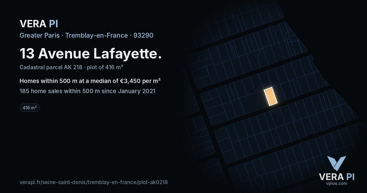 13 Avenue Lafayette, Tremblay-en-France at night – the plot lit, the parcels around coloured by the prices near them