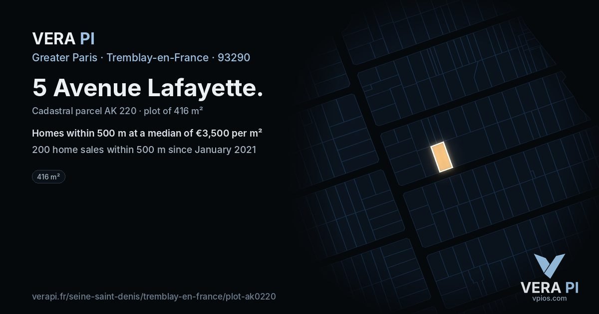 5 Avenue Lafayette, Tremblay-en-France at night – the plot lit, the parcels around coloured by the prices near them