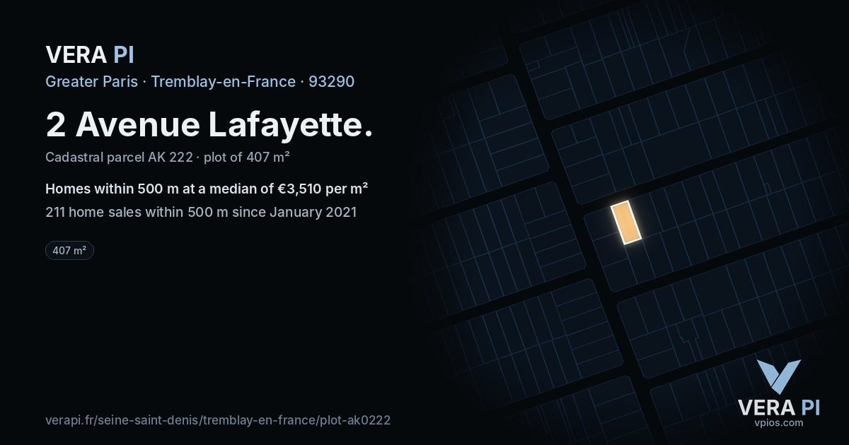 2 Avenue Lafayette, Tremblay-en-France at night – the plot lit, the parcels around coloured by the prices near them